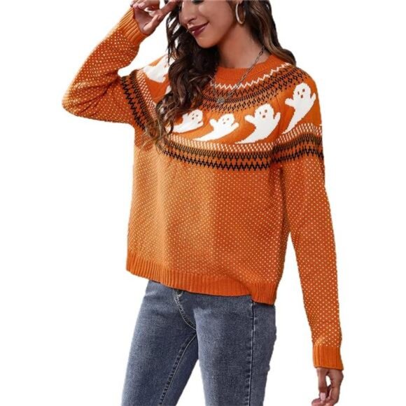 Women’s Casual Leopard Print Pullover: Long Sleeve Crew Neck Sweater - Picture 3 of 7